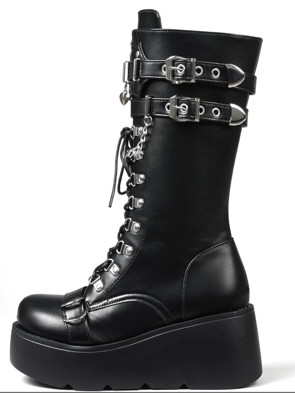 Black Platform Lace-Up Combat Boots with Buckles - Women